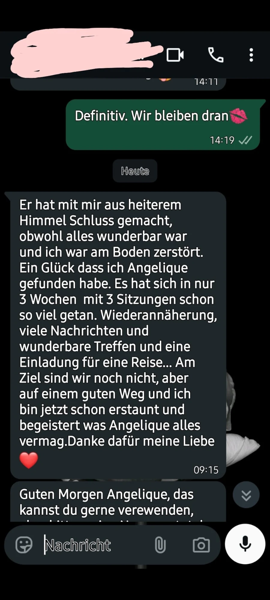 Anonymisierte WhatsApp-Rückmeldung an Angelique