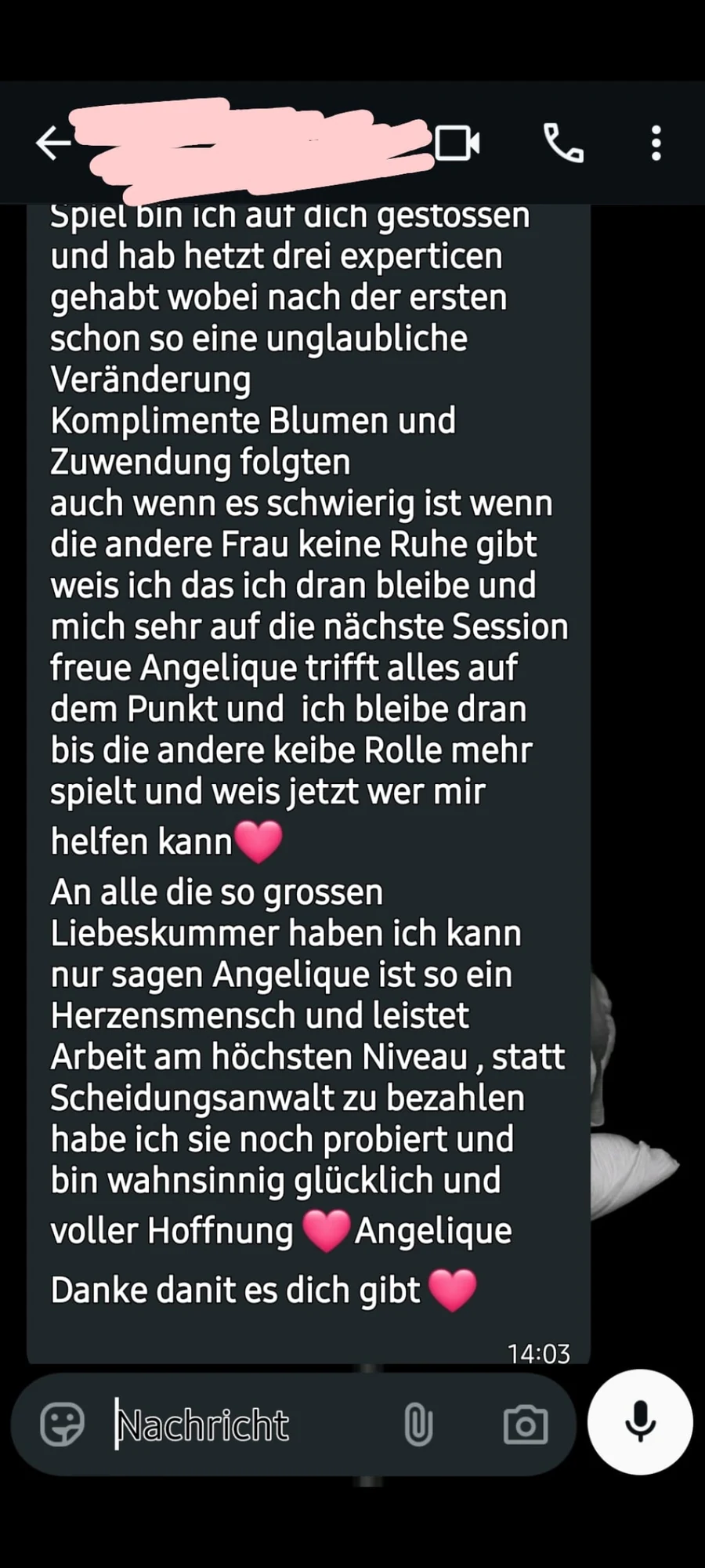 Fortsetzung einer anonymisierten WhatsApp-Rückmeldung